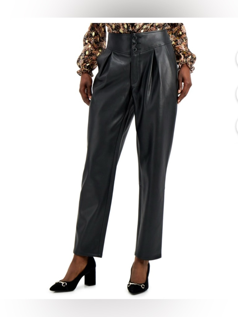 High-Waist Black Faux Leather Pleated Pants